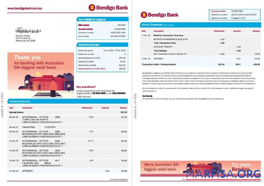 Blank Australia Bendigo bank statement template